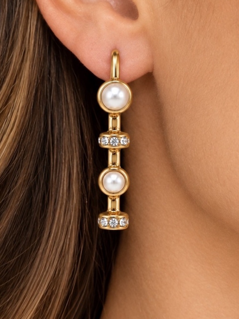 NEW - Sam Edelman Gold Pearl Rhinestone Linear Drop Earrings